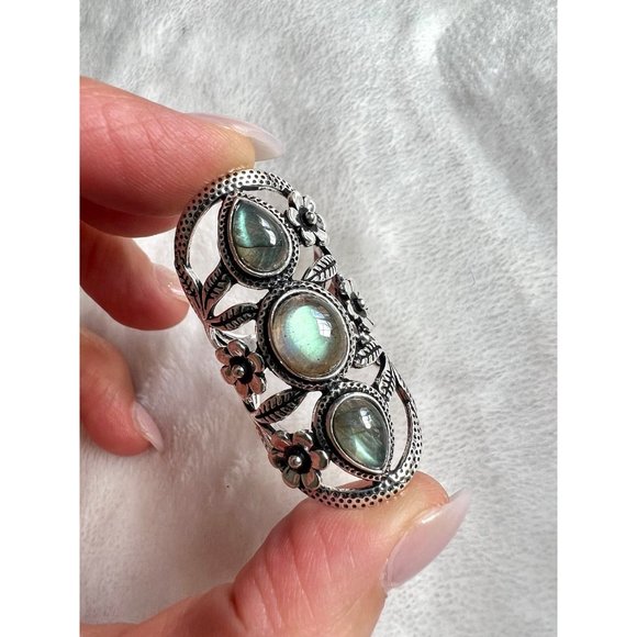 925 Flower Child Flash Labradorite Ring 6 - Picture 4 of 9